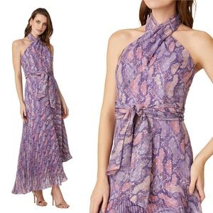 SHOSHANNA Roya Dress 10 Lavender Purple Snake Print Midi Pleated Chiffon Wedding